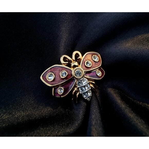 Vintage SWAROVSKI Swan Signed Brown Enamel Clear Crystals Butterfly Brooch Pin - Picture 2 of 5